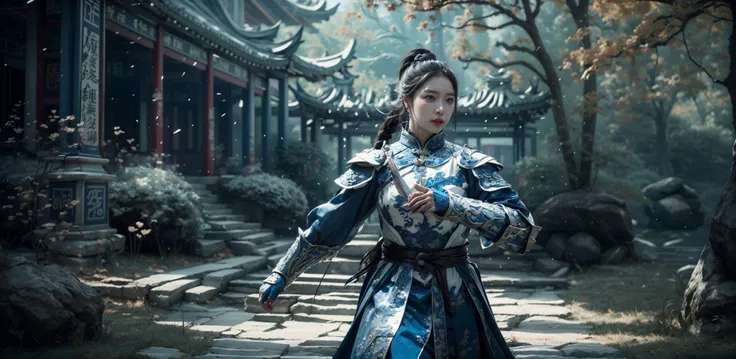 masterpiece, best qualityinsane details, intricate details, hyperdetailed, hyper quality, high detail, ultra detailed, Masterpiece, White and blue themeRealistic, hyperrealistic, realistic
Chinese martial arts war scenes, a girl Chinese wearing blue and white porcelain armor, chinese ink style, martial arts style, Chinese fairy tale,highly detailed, dynamic, cinematic, stunning, realistic lighting and shading, vivid, vibrant, 8k,octane render, unreal engine, very detailed, concept art, realistic, Cry engine,
(Armor:1.1), ceramics, blue and white porcelain, porcelainmetallic sheen, Golden metal, metallic, (plate armor:1.1),breastplate,paladin,armor,noble,cape,ornate, Chinese architecture <lora:blue and white porcelain_20230903005832-000016:1>