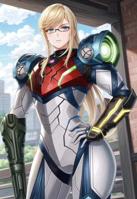 ((best quality)), ((highly detailed)), masterpiece, (detailed eyes, deep eyes), (1girl), (glasses), cowboy shot, <lora:hairdetailer:.7>, <lora:Samus:1>, Samus, long hair, blonde hair, blue eyes, metroid, armor, full armor, varia suit, arm cannon, (at a city)
