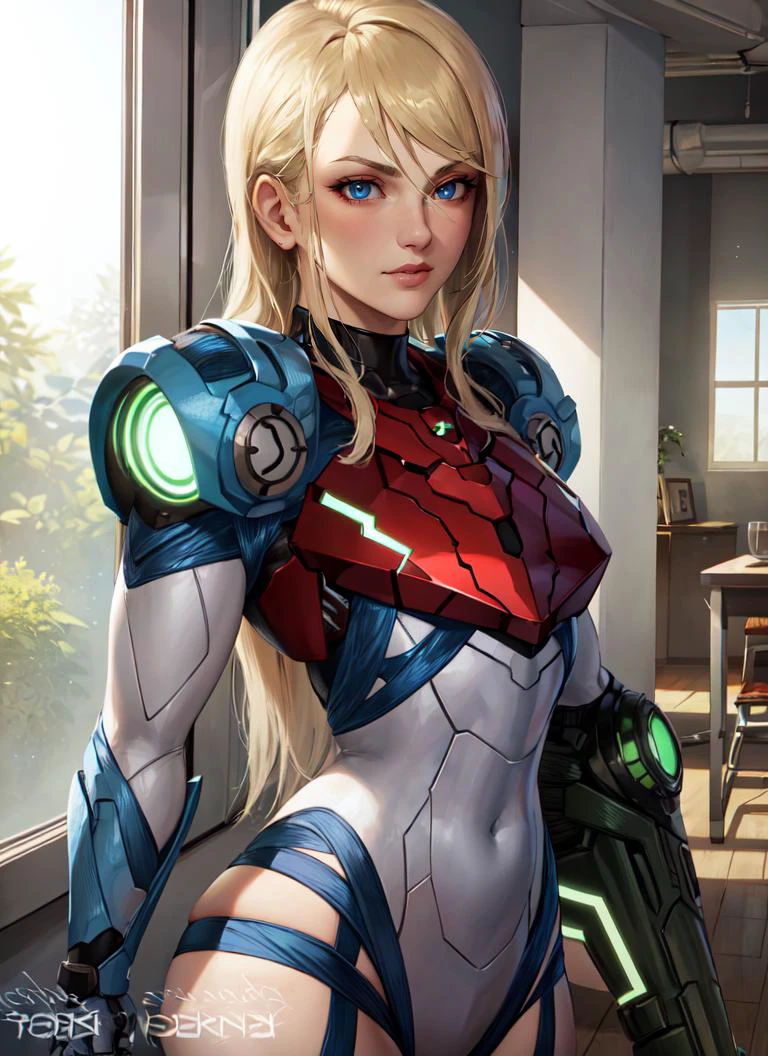 ((best quality)), ((highly detailed)), absurdres, extremely detailed face, beautiful face, (detailed eyes, deep eyes), (1girl), upper body, ((thighhighs)), <lora:Samus:1>, Samus, long hair, blonde hair, blue eyes, metroid, armor, full armor, varia suit, arm cannon, (indoors, in a gymnasium), <lora:shurakrgt-artist-v1:1>