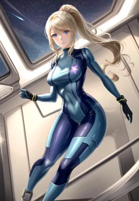 ((best quality)), ((highly detailed)), masterpiece, (detailed eyes, deep eyes), (1girl), full body, <lora:hairdetailer:.8>, <lora:Samus:1>, Samus, long hair, blonde hair, ponytail, blue eyes, blue bodysuit, zero suit, skin tight, impossible bodysuit, inside, on a space station, stars, space