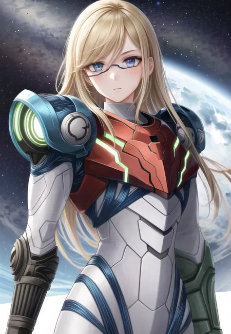 ((best quality)), ((highly detailed)), masterpiece, (detailed eyes, deep eyes), (1girl), (glasses), upper body, <lora:hairdetailer:.8>, <lora:Samus:1>, Samus, long hair, blonde hair, blue eyes, metroid, armor, full armor, varia suit, arm cannon, inside, on a space station, stars, space