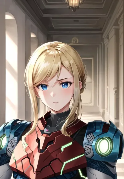 ((best quality)), ((highly detailed)), masterpiece, (detailed eyes, deep eyes), (1girl), upper body, <lora:Samus:1>, Samus, long hair, blonde hair, blue eyes, metroid, armor, full armor, varia suit, arm cannon, (inside, at a hall)