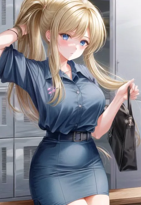 ((best quality)), ((highly detailed)), masterpiece, (detailed eyes, deep eyes), (1girl), upper body, <lora:hairdetailer:1>, <lora:Samus:1>, Samus, long hair, blonde hair, ponytail, blue eyes, pencil skirt, (inside, at a lockerroom), ((1990s style))