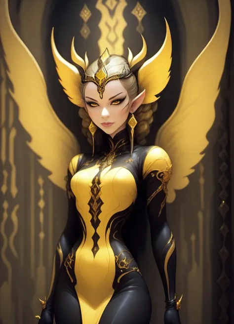 a young fae queen yellow and black, with a seductive smile, flexing her wings, , standing in the gate to another dimension <lora:envyStarlight_v10:1><lora:envyStarlightFae_v10:1>