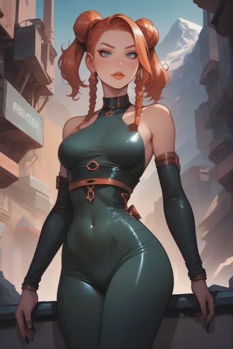 digital painting, 1girl, woman, sorceress, bombshell hair, copper hair, twintails, small breasts, wide hips, narrow waist, sexy hourglass figure, caucasian, illegal street race in a dystopian,mysterious scifi mountainside city at the beginning of the universe, masterpiece<lora:EnvyStarlightSeductress01:1><lora:EnvyBetterHiresFixXL01:0:hr=1>