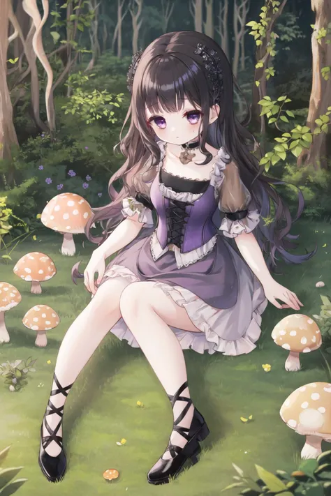 <lora:puffcorset-10:0.6>, (puffy sleeve corset), 1girl, outdoors, <lora:hardgore2-10:0.6>, hardgore alice, skirt, forest, mushroom, pale skin, purple eyes, black hair