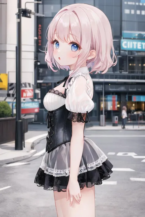 <lora:puffcorset-10:0.6>, (puffy sleeve corset), 1girl, outdoors, city, miniskirt, from side, looking at viewer, :o