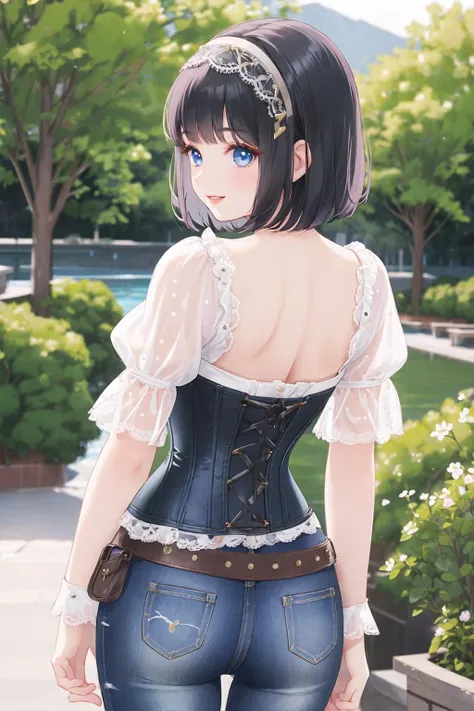 <lora:puffcorset-10:0.6>, (puffy sleeve corset), 1girl, outdoors, mountain, bob cut, standing, belt, jeans, lips, smile, black hair, blue eyes, medium breasts, hairband, from behind, looking back
