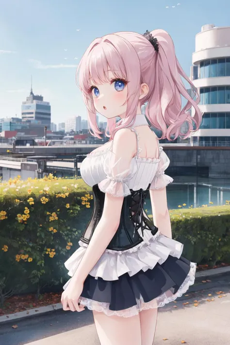 <lora:puffcorset-10:0.6>, puffy sleeve corset, 1girl, outdoors, city, miniskirt, from side, looking at viewer, :o