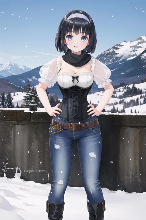 <lora:puffcorset-10:0.6>, (puffy sleeve corset), 1girl, outdoors, mountain, bob cut, standing, hands on , belt, jeans, lips, smile, black hair, blue eyes, , hairband, scarf, snow