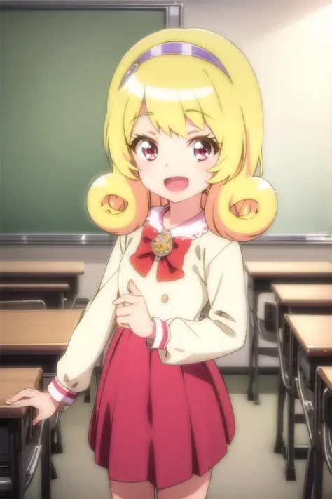 classroom, 1girl, child, solo, cowboy shot, looking at viewer, :D,
<lora:hinata_yume:1>, hinata_yume, blonde hair, red skirt,