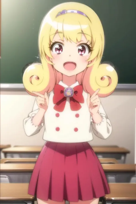 classroom, 1girl, child, solo, cowboy shot, looking at viewer, :D,
<lora:hinata_yume:1>, hinata yume, blonde hair, red skirt, big eyes,