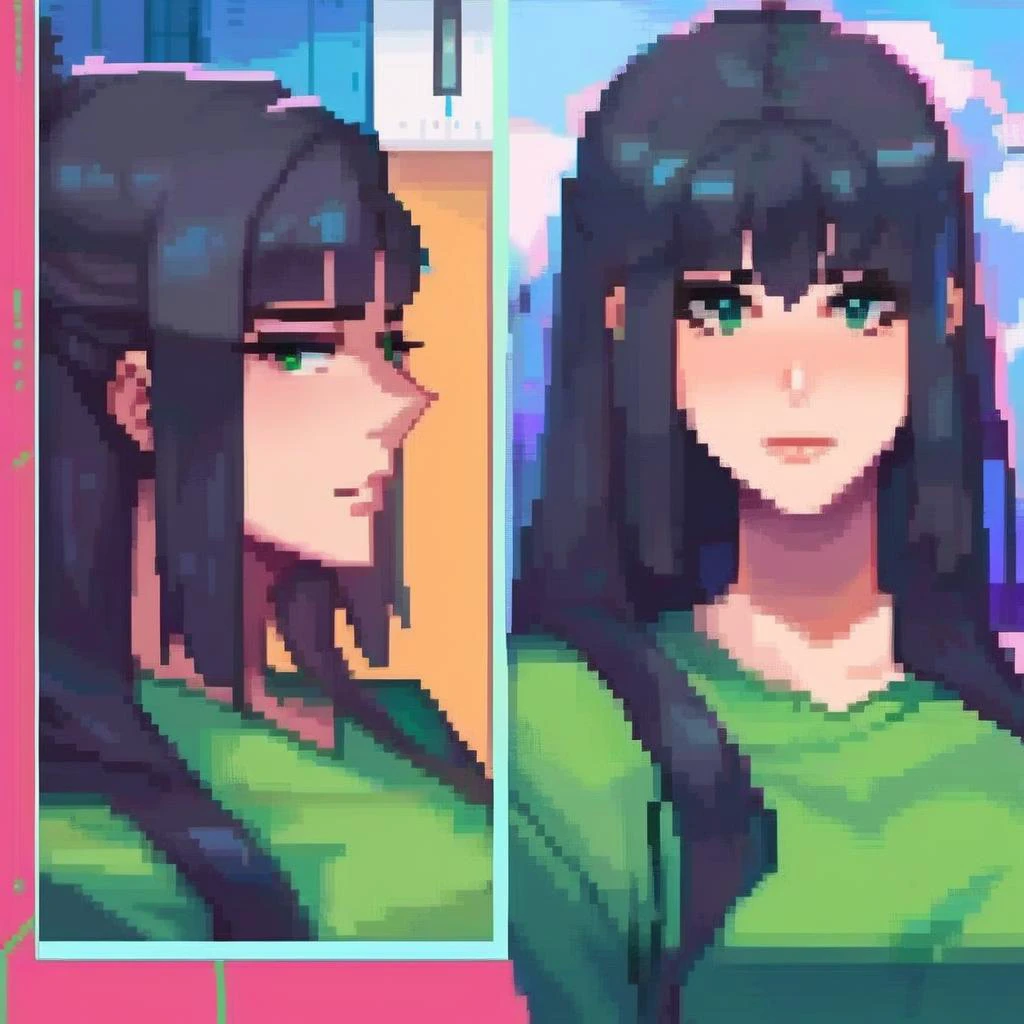 score_9, score_8_up, score_7_up, <lora:y0k4t4:1> y0k4t4,1girl,long hair,hair bun, portrait, looking at viewer, green eyes, black hair, <lora:pixel:0.8> pixelart,pixel,(solo:1.4), female focus