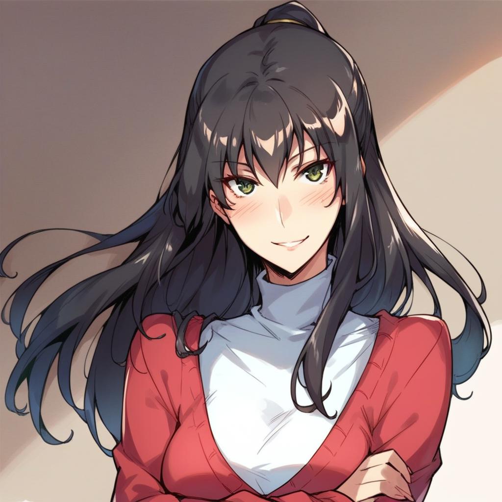 Anime girl with long black hair and a red sweater - SeaArt AI