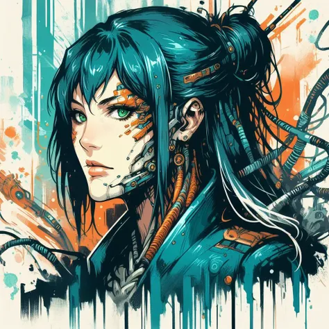 score_9, score_8_up, score_7_up, <lora:y0k4t4:1> y0k4t4,1girl,long hair,hair bun, portrait, looking at viewer, green eyes, black hair, <lora:Neon_Splash_Art_for_Pony:1> mad-cbrpnksplshrt