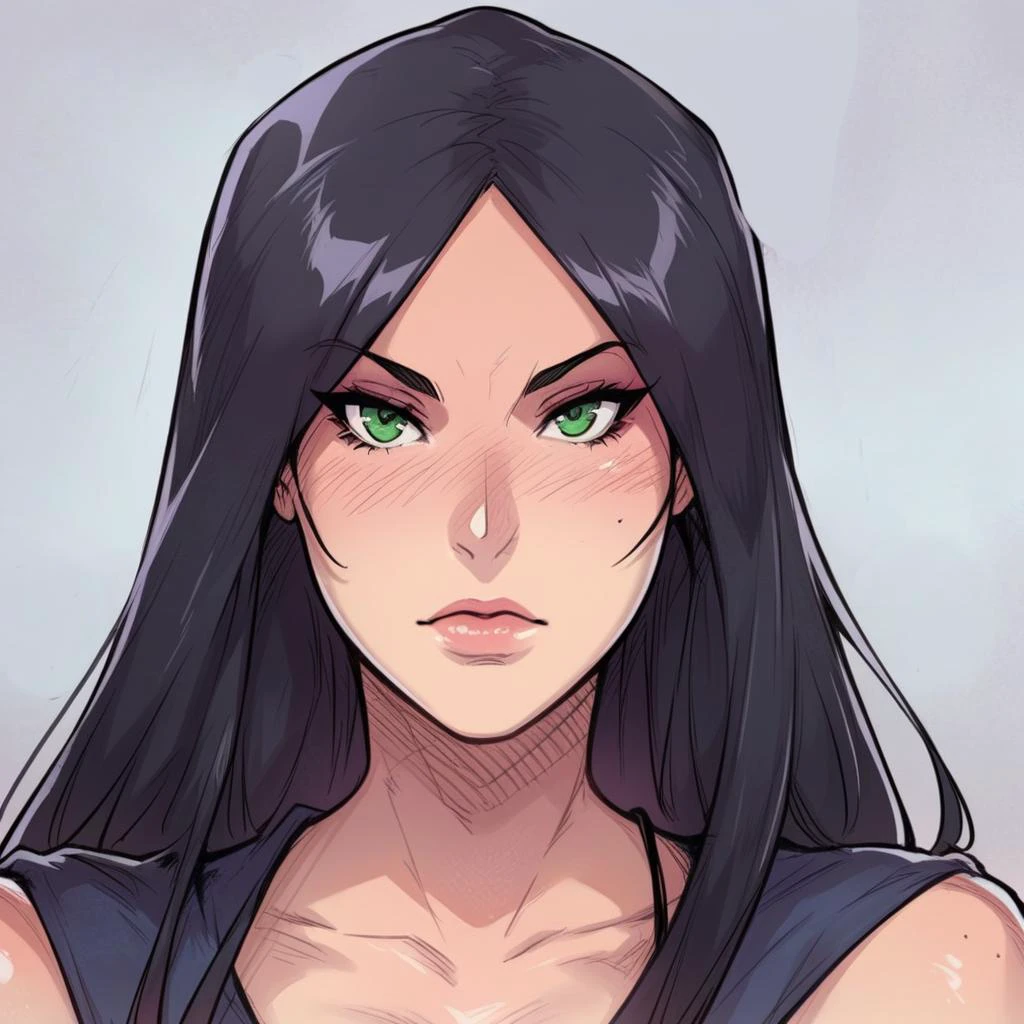 score_9, score_8_up, score_7_up, <lora:y0k4t4:1> y0k4t4,1girl,long hair,hair bun, portrait, looking at viewer, green eyes, black hair, <lora:melkor_v1:0.6> melkor_style