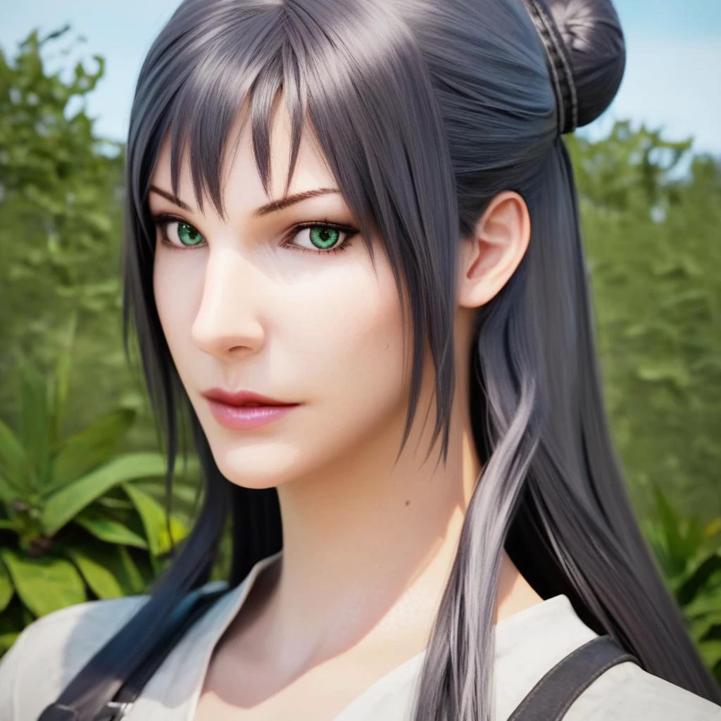 score_9, score_8_up, score_7_up, <lora:y0k4t4:1> y0k4t4,1girl,long hair,hair bun, portrait, looking at viewer, green eyes, black hair, <lora:FFXIV-DAWNTRAILPDXL:1> dwntrilffxivpdxl,3d,outdoors