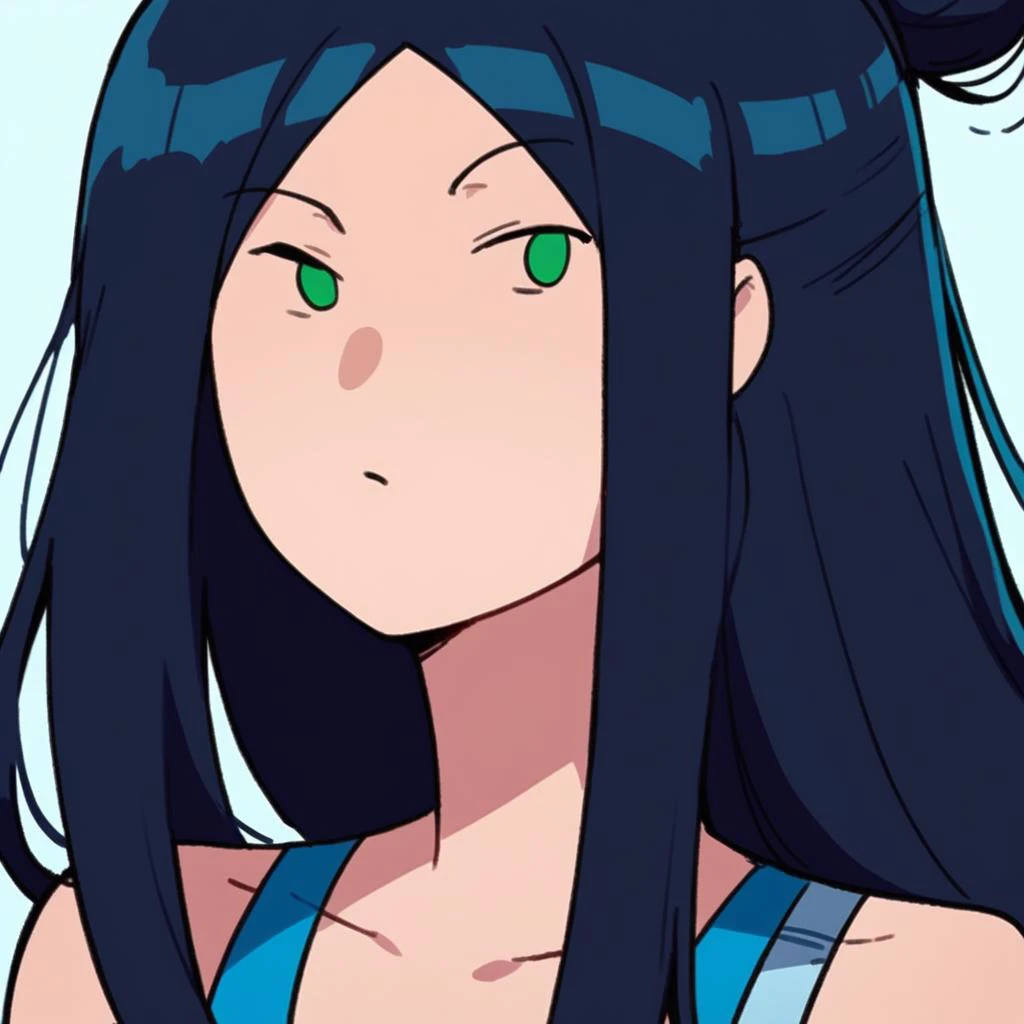 score_9, score_8_up, score_7_up, <lora:y0k4t4:1> y0k4t4,1girl,long hair,hair bun, portrait, looking at viewer, green eyes, black hair, <lora:Adventure_Time_Style_LORA:1> adventure time, dot eyes