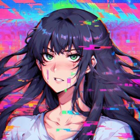 score_9, score_8_up, score_7_up, <lora:y0k4t4:1> y0k4t4,1girl,long hair,hair bun, portrait, looking at viewer, green eyes, black hair, <lora:gl1tchXLP:1> gl1tch,glitch
