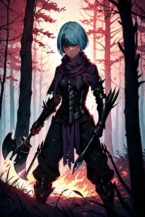 masterpiece, best quality, beruka, headband, purple scarf, armor, gauntlets, black gloves, pants, boots, standing, night, fire, trees, burning, furrowed brow, axe, holding weapon, holding axe <lora:beruka-nvwls-v1-000009:0.9> <lora:UnlimitedBladeWorksV1:0.7>