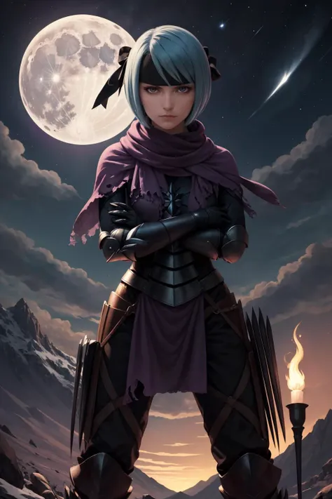masterpiece, best quality, beruka, headband, purple scarf, armor, gauntlets, black gloves, pants, boots, looking at viewer, emotionless, from below, crossed arms, moon, night sky, standing, mountains, torches <lora:beruka-nvwls-v1-000009:0.9>