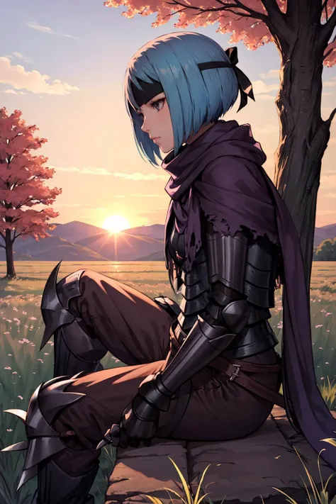 masterpiece, best quality, beruka, headband, purple scarf, armor, gauntlets, black gloves, pants, boots, sitting, from side, field, sunset, trees <lora:beruka-nvwls-v1-000009:0.9>