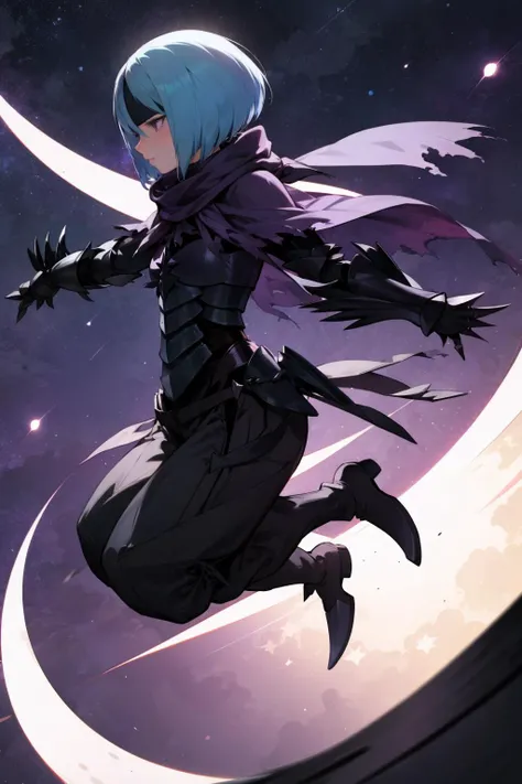 masterpiece, best quality, beruka, headband, purple scarf, armor, gauntlets, black gloves, pants, boots, night sky, moons, stars, from side, (jumping:1.5) <lora:beruka-nvwls-v1-000009:0.9>