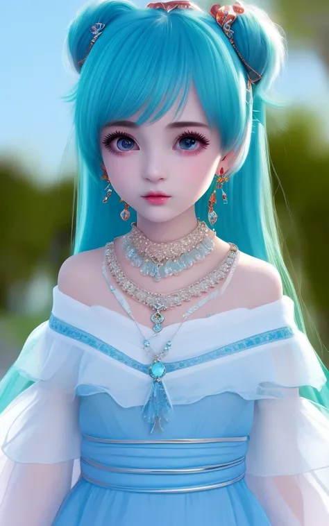 1 Girl, jewelry, earrings, long hair, hattune_ Miku, hairstyle, off-shoulder, double tail, necklace, day, blue, sky, blue, solo, blue, lips, upper body, off-shoulder, poor, shy, Kaslan big eyes <lora:lishao-000008:1>