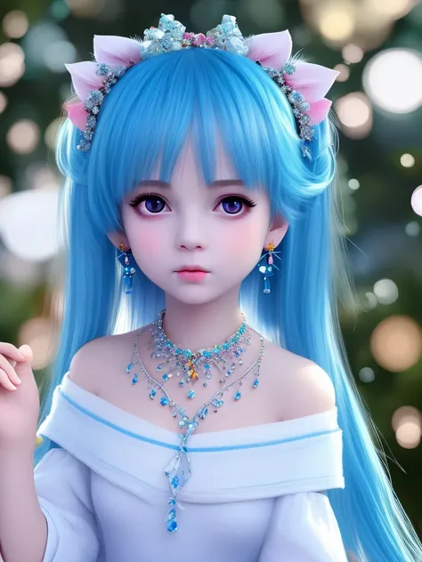 1 Girl, jewelry, earrings, long hair, hattune_ Miku, hairstyle, off-shoulder, double tail, necklace, day, blue, sky, blue, solo, blue, lips, upper body, off-shoulder, poor, shy, Kaslan big eyes <lora:lishao-000012:1>
