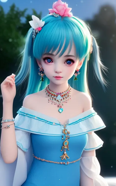 1 Girl, jewelry, earrings, long hair, hattune_ Miku, hairstyle, off-shoulder, double tail, necklace, day, blue, sky, blue, solo, blue, lips, upper body, off-shoulder, poor, shy, Kaslan big eyes <lora:lishao-000012:1>