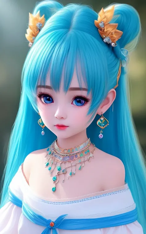 1 Girl, jewelry, earrings, long hair, hattune_ Miku, hairstyle, off-shoulder, double tail, necklace, day, blue, sky, blue, solo, blue, lips, upper body, off-shoulder, poor, shy, Kaslan big eyes <lora:lishao-000008:1>