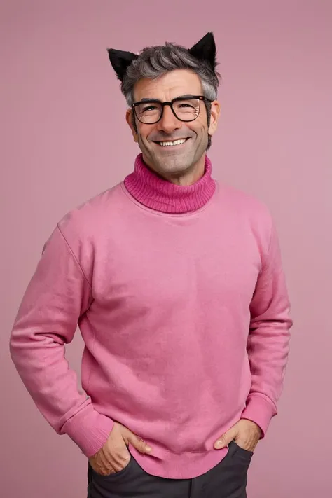 fordpines, 1boy, solo, male focus, mature male, old man, smile, upper body, muscular, short hair, grey hair, brown eyes, thick eyebrows, glasses, black-framed eyewear, facial hair, stubble, sideburns, cat ears headband, pink sweater, black pants, standing, simple background <lora:Stanford (Ford) Pines SDXL_LoRA_10r_10e_32i_nr32_a16_SDXL:0.7>