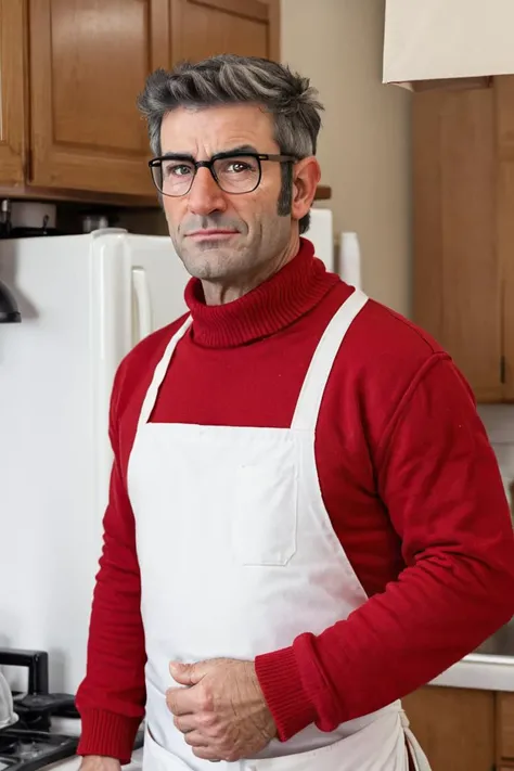 fordpines, 1boy, solo, male focus, mature male, old man, upper body, muscular, short hair, grey hair, brown eyes, thick eyebrows, glasses, black-framed eyewear, facial hair, stubble, sideburns, white apron,red sweater, black pants, standing, kitchen <lora:Stanford (Ford) Pines SDXL_LoRA_10r_10e_32i_nr32_a16_SDXL:0.7>