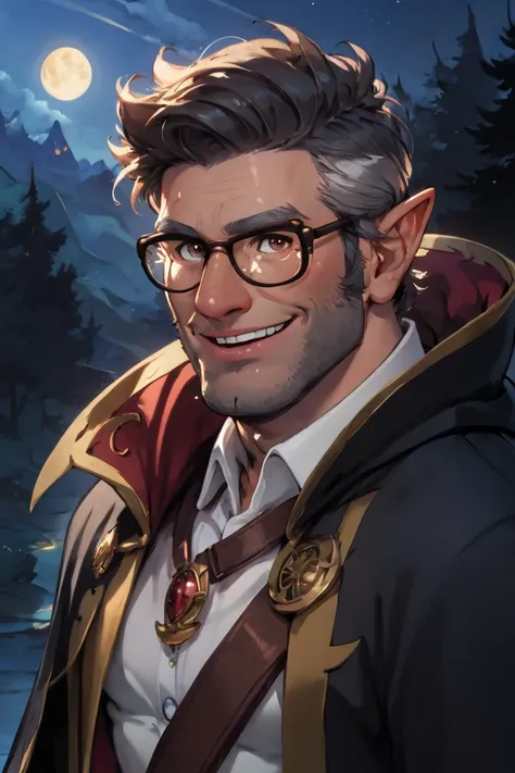 score_9, score_8_up, score_7_up, fordpines, 1boy, solo, male focus, mature male, close-up, portrait, upper body, muscular, old man, short hair, grey hair, brown eyes, thick eyebrows, glasses, black-framed eyewear, facial hair, stubble, sideburns, smiling, pointy ears, wizard, cloak, black pants, looking at viewer, standing, night, night sky, outdoors, dark background <lora:Stanford (Ford) Pines SDXL_LoRA_10r_10e_32i_nr32_a16_Pony Diffusion V6 XL:0.7> <lora:Anime Summer Days Style SDXL_LoRA_Pony Diffusion V6 XL:1>