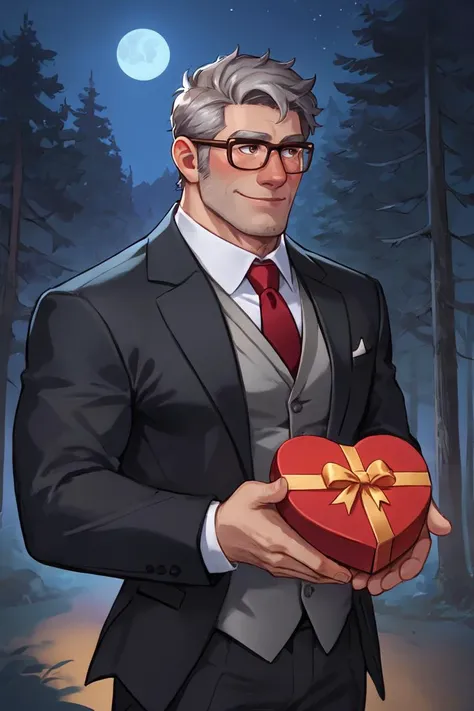 score_9, score_8_up, score_7_up, fordpines, 1boy, solo, male focus, mature male, old man, full body, muscular, short hair, grey hair, brown eyes, thick eyebrows, glasses, black-framed eyewear, facial hair, stubble, sideburns, formal, suit, black suit, grey vest, white shirt, red necktie, upper body, cowboy shot, smile, blush, holding gift, heart-shaped box, standing, outdoors, pine forest, night, night sky, dark background <lora:Stanford (Ford) Pines SDXL_LoRA_10r_10e_32i_nr32_a16_Pony Diffusion V6 XL:0.7> <lora:Smooth Anime 2 Style SDXL_LoRA_Pony Diffusion V6 XL:1>