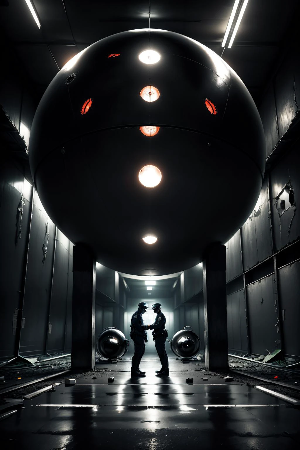 policemen approach a strange spherical machine in an abandoned warehouse, night, <lora:add_detail:0.2> <lora:D3m1co:1.2>