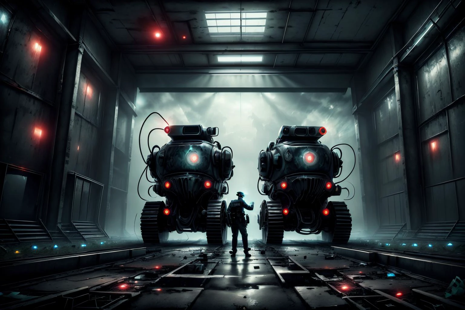 policemen approach a strange machine in an abandoned warehouse <lora:add_detail:0.2> <lora:CosmicEldritchTech-20:0.8> <lora:D3m1co:0.8>