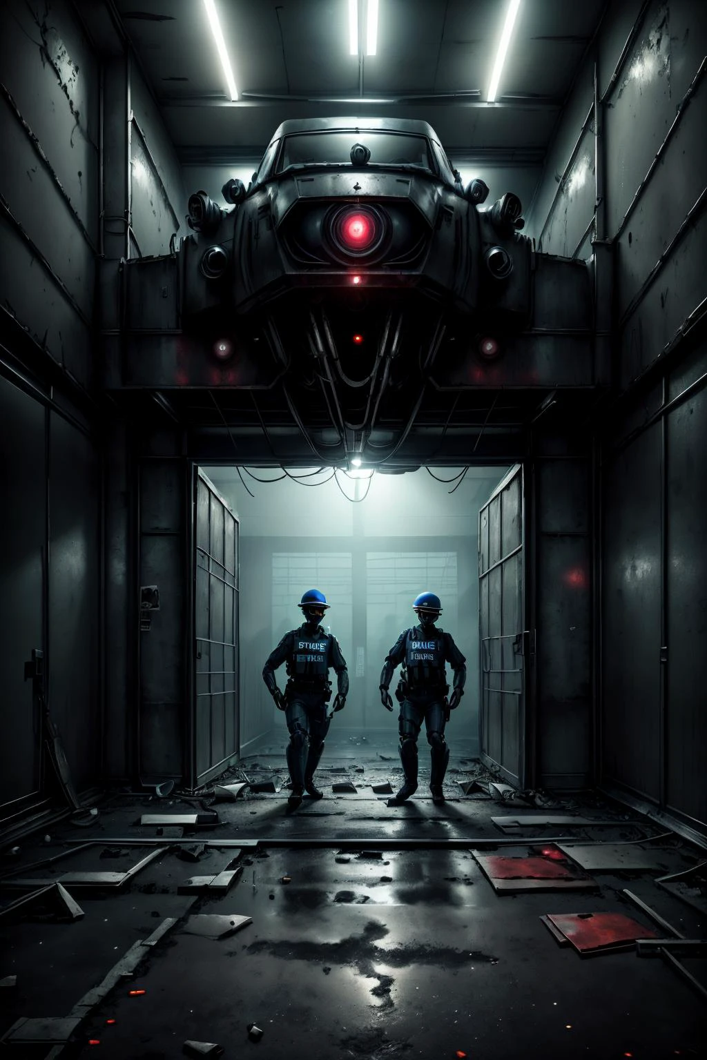 policemen approach a strange machine in an abandoned warehouse <lora:add_detail:0.2> <lora:CosmicEldritchTech-20:0.8> <lora:D3m1co:0.8>