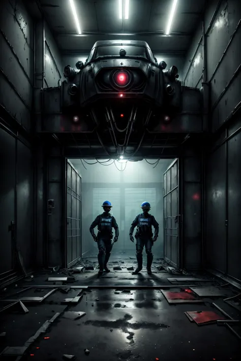policemen approach a strange machine in an abandoned warehouse <lora:add_detail:0.2> <lora:CosmicEldritchTech-20:0.8> <lora:D3m1co:0.8>