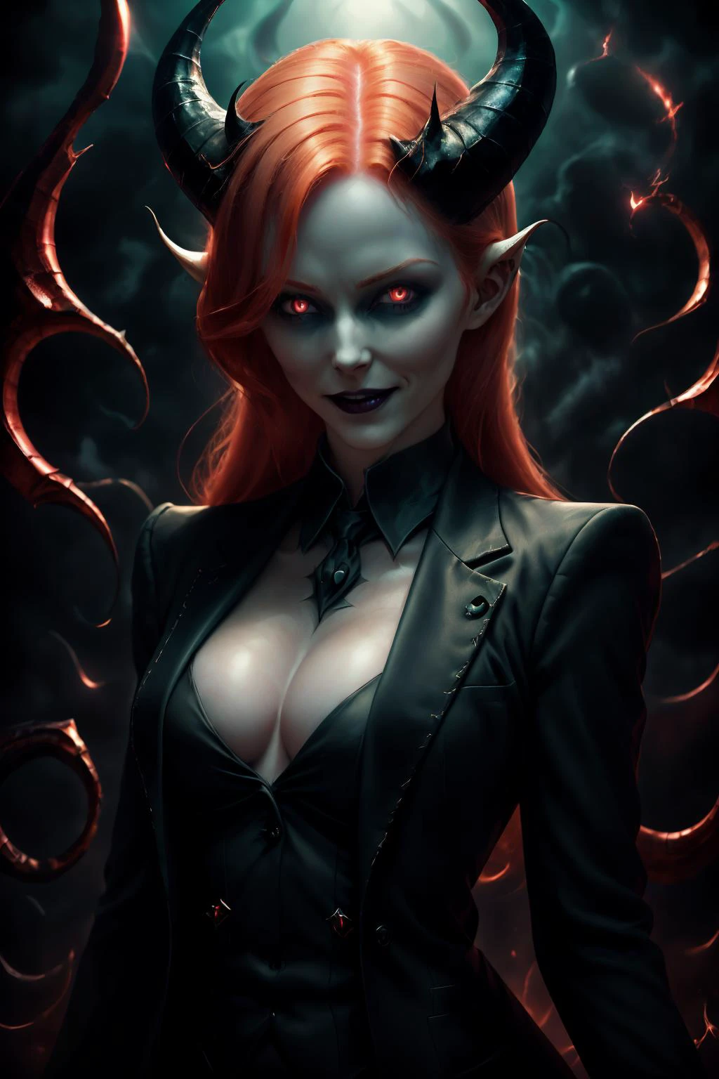 24yo pale ginger irish woman, wicked smile, suit, horns, dark room <lora:add_detail:0.2> <lora:CosmicEldritchTech-20:0.8> <lora:D3m1co:0.8>