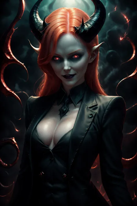a picture of a female devil wearing barrister's wig and cloak in courtroom, a devilishly beautiful devil, ((anatomically correct: 1.5), (ultra detailed face: 1.2), best detailed face, (red skin: 1.3), two black horns, wearing white button shirt, red tie, English barrister's wig, vibrant, Hyperrealism style, vibrant, Ultra-high resolution, High Contrast, (masterpiece:1.5), highest quality, Best aesthetics), best details, best quality, highres, ultra wide angle, 16k, [ultra detailed], masterpiece, best quality, (extremely detailed) RAW,  photograph, Hyperrealism style