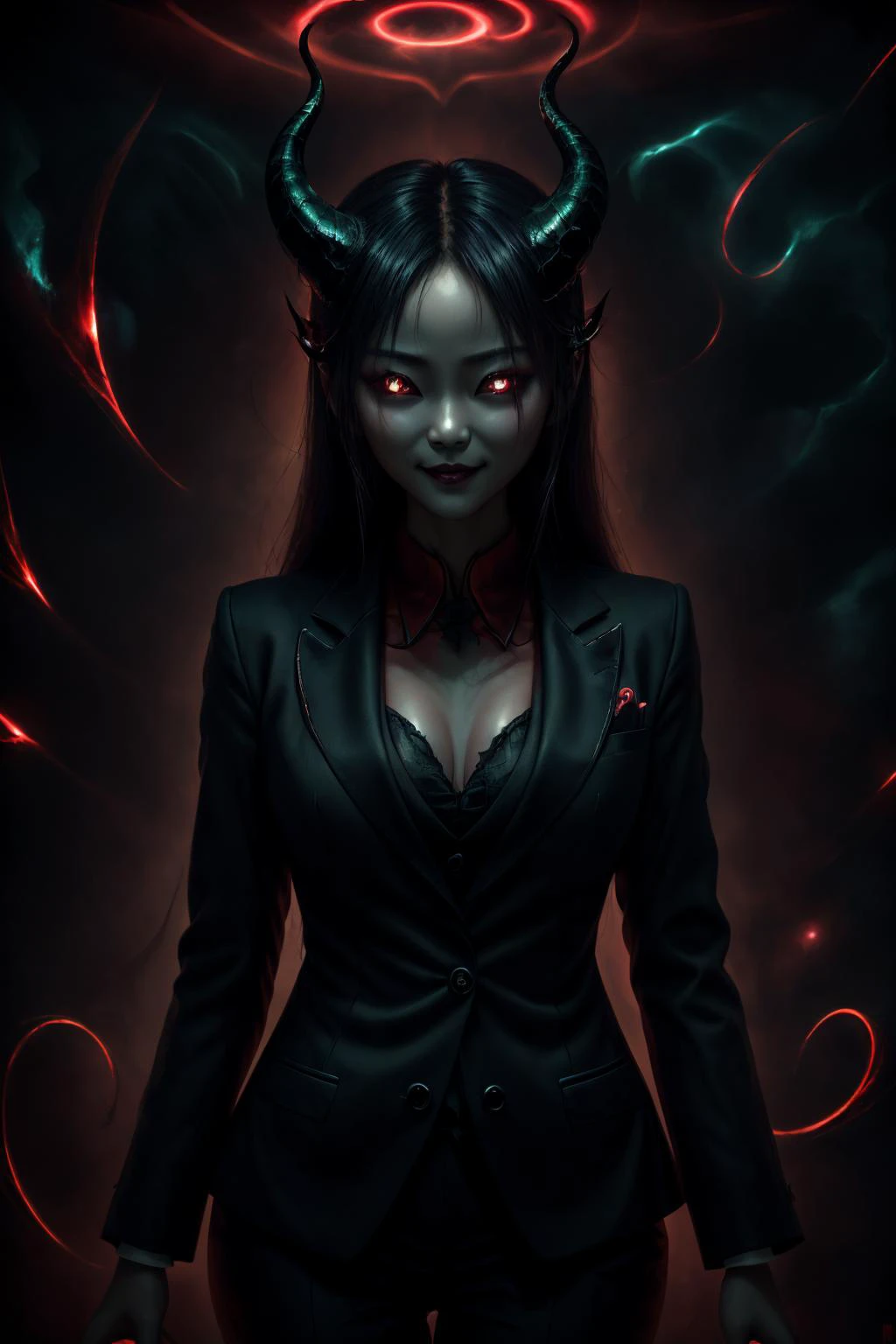 24yo chinese woman, wicked smile, suit, horns, dark room <lora:add_detail:0.2> <lora:CosmicEldritchTech-20:0.8> <lora:D3m1co:0.8>