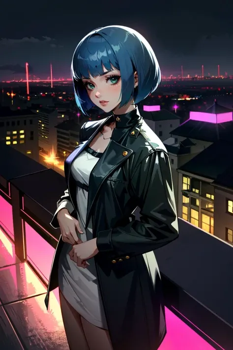 ( masterpiece, best quality, highres:1.3)
<lora:CyberBlueMoon:0.8>
CyberBlueMoon, 1girl, white eyes, facial mark, blue hair, double bun, cityscape, at night, on top of a skyscraper, short dress, tight