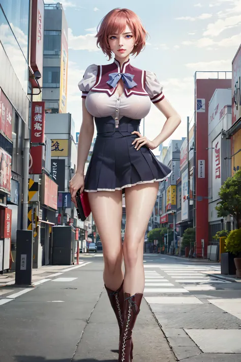 (masterpiece, best quality, ultra detailed, absurdres)1.5, 1girl, (sexy, beautiful woman, perfect face, perfect eyes, perfect female body, huge breasts)1.5, (shiorismt, short hair, pink hair, school uniform, <lora:zs_Shiori:1>), (standing, outdoors, Japanese city), perfect lighting, smooth, hdr
