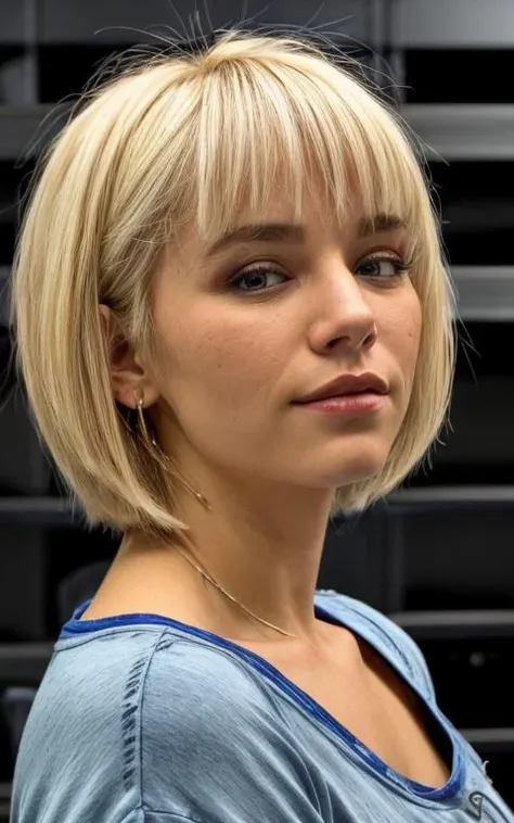 waist up closeup of xmayhedax wearing an [[loose]] blue outfit, blonde haircut, <lora:MaHeda_v1: 0.8>