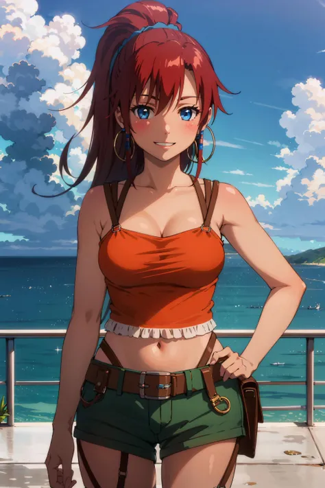 best quality, (masterpiece:1.2), detailed,
<lora:chara_SuiseiNoGargantia_Bellows_v1:0.8>, bellows sng,
1girl, solo, light blush, smile, closed mouth,
(dark skin:1.2), adult, red hair, ponytail, blue eyes, hoop earrings, medium breasts,
orange tank top, cleavage, green shorts, brown belt, navel, garter straps, white thighhighs,
standing, looking at the viewer,
ocean, cloud
