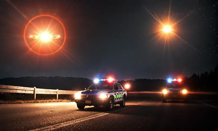 3rdkind, 3 police cars chasing lens flare ufos at night, film grain, realistic photo, <lora:Close_Encounters_Of_The_Third_Kind:0.8>