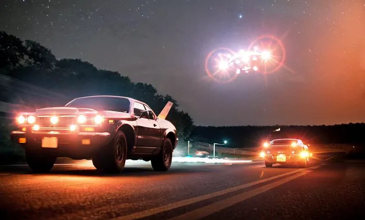 3rdkind, lens flare ufo, chasing a car at night, film grain, realistic photo, <lora:Close_Encounters_Of_The_Third_Kind:0.8>