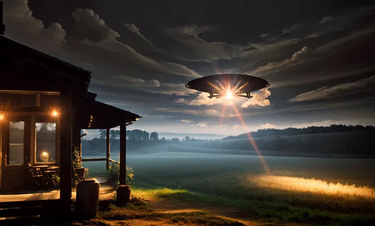 3rdkind, a porch of a countryside house, looking at a field, at night, eerie, small ufo lensflare, building clouds, film grain, realistic photo, Panavision PSR 200, 35mm, <lora:Close_Encounters_Of_The_Third_Kind:0.8>