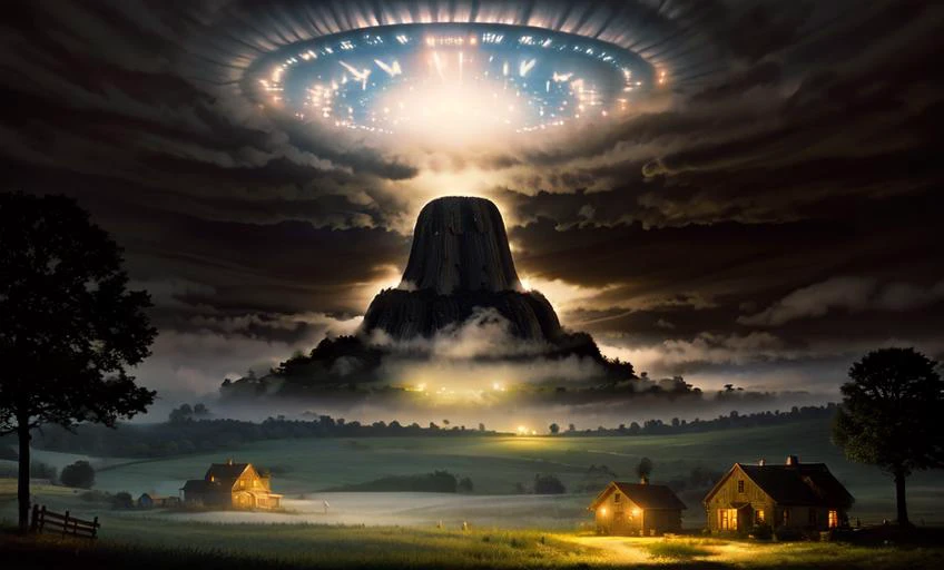 3rdkind, a porch of a countryside house, looking at a field, at night, eerie, alien mothership through building clouds, blinding light, devilstower in the distance, fog, film grain, realistic photo, Panavision PSR 200, 35mm, <lora:Close_Encounters_Of_The_Third_Kind-000014:0.8>